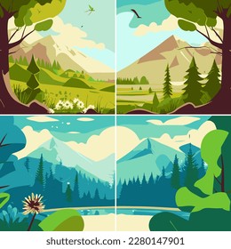 Summer landscape set background with river stream, mountains, green field hills, big meadows, blue spring sky and clouds, trees. Countryside. Rural scene. Nature view. Flat cartoon vector illustration