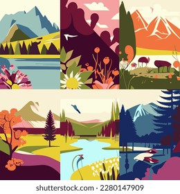 Summer landscape set background with river stream, mountains, green field hills, big meadows, blue spring sky and clouds, trees. Countryside. Rural scene. Nature view. Flat cartoon vector illustration