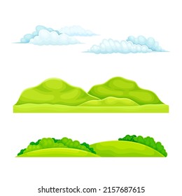 Summer landscape set. Field or meadow with green grass, hills and clouds cartoon vector illustration