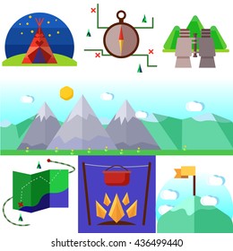 Summer landscape set. Flat design style vector illustration. Weekend in the tent. Hiking and camping.