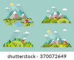 summer  landscape set. Houses in the mountains among the trees, rest in a mountain village the lake and the river. Flat design style vector illustration.


