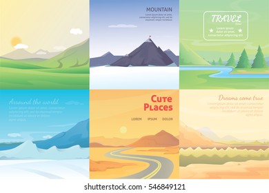 summer landscape set. mountains among the trees, vector illustration