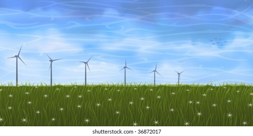 Summer landscape with several wind turbines on grassy plain