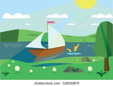 Summer Landscape Ship Drawing Stock Vector (Royalty Free) 520550875 ...