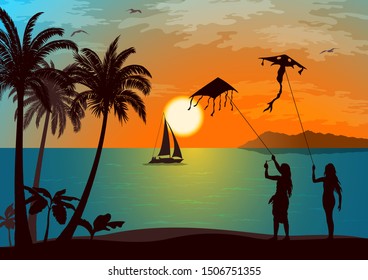 Summer Landscape, Silhouettes People, Young Women with Sky Kite on the Tropical Beach with Palm Trees, Sun in the Sky and Ship in the Ocean. Vector