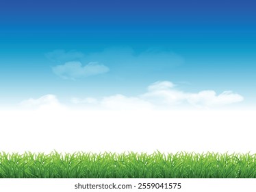 Summer landscape. Sky above green grass and clouds. Highly realistic illustration.