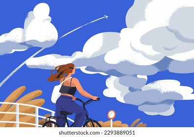 Summer landscape with sky, clouds, girl riding bicycle. Active young woman travels on holiday, cycling bike. Freedom, pleasure, dream concept. Summertime vacation vibe. Flat vector illustration