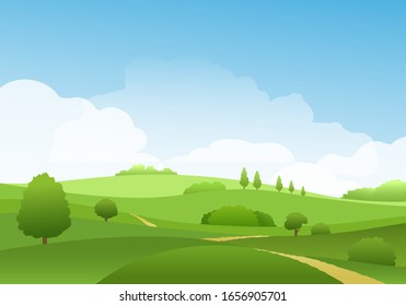 Summer landscape with sky and hills on horizon. Cartoon flat scene with blue skies, green grass pasture fields spring beautiful nature vector illustration