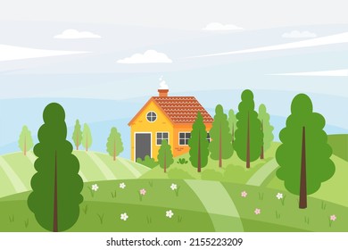 Paisaje veraniego de una pequeña casa en una colina con árboles, carreteras. Hermoso paisaje natural. Ilustración vectorial de estilo plano. Fondo estacional.