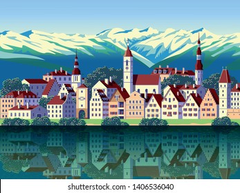 Summer landscape with the small town, lake and mountains in the background. Handmade drawing vector illustration. Pop art style poster. All objects are grouped into different layers. 