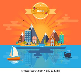 Summer landscape. Small town. Set 3 of urban buildings. Calendar. Month of June. Infographics. Mountain, sun, rays, nature, river, park, city. Flat design. Stock. Image. Illustration. Vector.