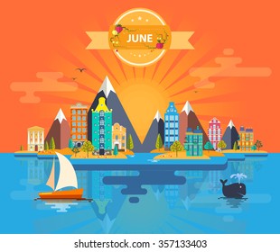 Summer landscape. Small town. Set 5 of urban buildings. Calendar. Month of June. Infographics. Mountain, sun, rays, nature, river, park, city. Flat design. Stock. Image. Illustration. Vector.