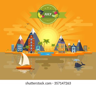 Summer landscape. Small town. Set 3. Month of July. Infographics. Calendar. Mountain, sun, rays, nature, park, urban, building, boat, sail, city. Flat design. Stock. Image. Illustration. Vector.