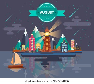 Summer landscape. Small town. Set 4. Month of August. Infographics. Calendar. Mountain, lighthouse, nature, park, urban, building, boat, sail, city. Flat design. Stock. Image. Illustration. Vector.