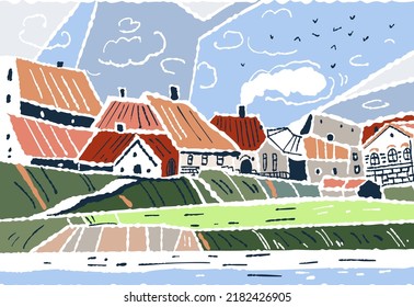Summer landscape with a small village. Vector illustration in cartoon style.
