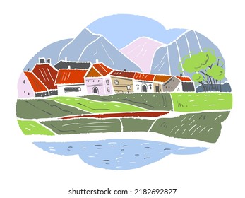 Summer landscape with a small village. Vector illustration in cartoon style.