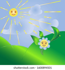 Summer landscape, smiling sun and blue sky, light clouds. Merry camomile waving leaves. Children's picture is a dialogue of nature.