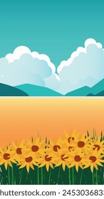 Summer landscape, steppe and mountains. Postcard with view of steppe, mountains, sunflowers, sky in clouds. Summer vacation, vacation travel. Vector illustration, poster. Print, web design
