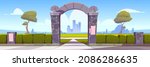 Summer landscape with stone arch entrance to public park or garden, green hedge and city buildings on skyline. Vector cartoon illustration of fence with shrubs and archway portal