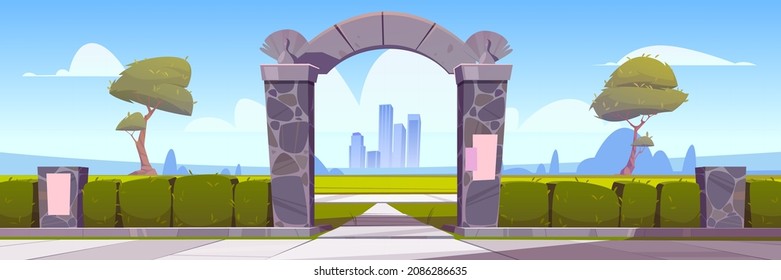Summer landscape with stone arch entrance to public park or garden, green hedge and city buildings on skyline. Vector cartoon illustration of fence with shrubs and archway portal