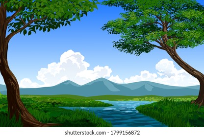 Summer landscape with stream, green field and mountain