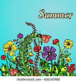 Summer landscape in the style boho chic, hippie, card, cover. Abstract multicolored flowers on a blue background. Bright, contrast, warm floral composition. Ornament from natural plant flower motifs