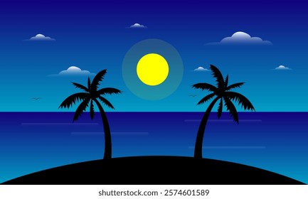 Summer Landscape Sun in the Afternoon on the Sea and Palm Tree Silhouette