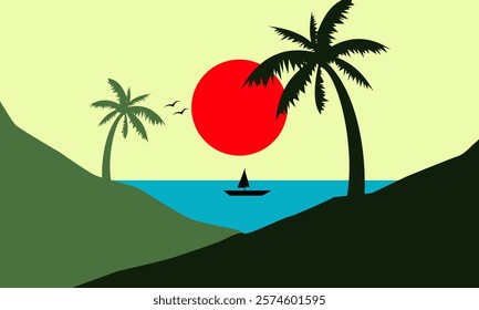 Summer Landscape Sun in the Afternoon on the Sea and Palm Tree Silhouette