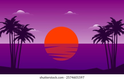 Summer Landscape Sun in the Afternoon on the Sea and Palm Tree Silhouette
