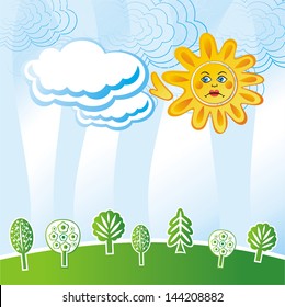 Summer landscape sun cartoon cloud forest tree green sky pattern vector illustration