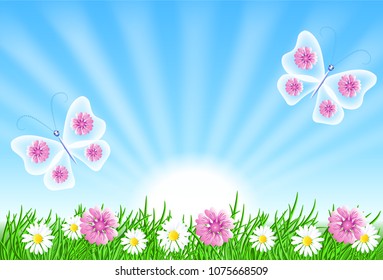 Summer landscape with sun rays and fairy butterflies in the sky, meadow flowers and green grass