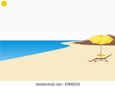 Summer landscape. Sunbed, umbrella and a table with snacks on the beach near the sea.