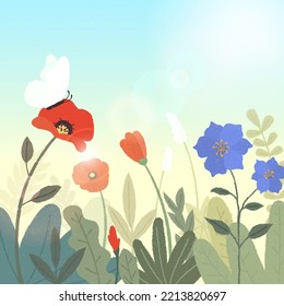 Summer landscape with sunny meadow flowers, Green grass and butterflies. Floral spring landscape. Landing page. Inspiration card, Poster, Web banner. Hand drawn style. Trendy vector illustration.