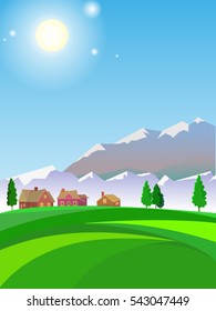 Summer landscape. Sunny weather. Clear sky. Mountain landscape. House at the foot of the mountains. Beautiful background. Cartoon