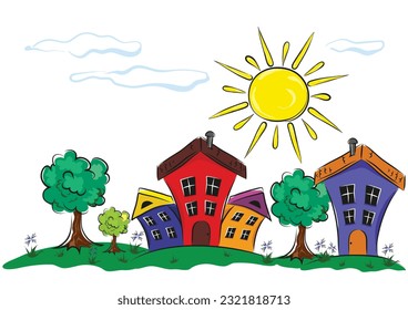 Summer landscape with sunny weather and houses