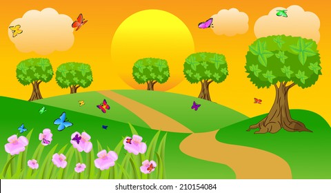 summer landscape at sunset with butterflies and flowers,vector illustration