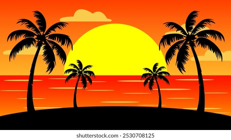 Paisagem de verão com pôr do sol, nuvens e silhuetas de coqueiro