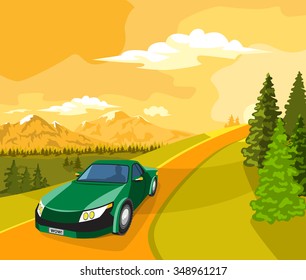 Summer landscape. Sunset, green trees and car on the road.