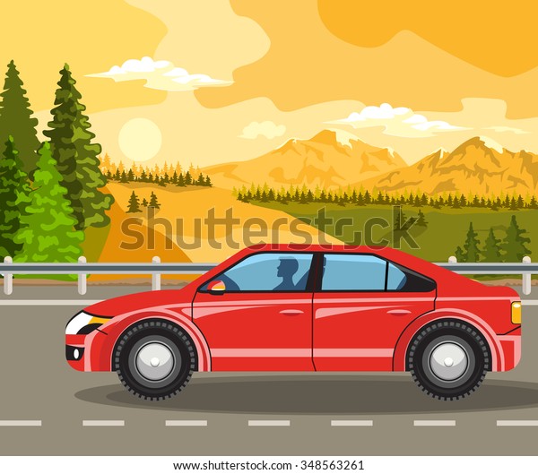Summer landscape. Sunset, green trees and cars on
the road.