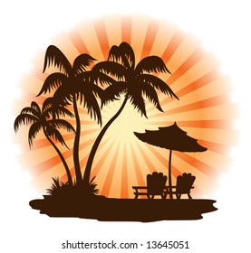 Summer landscape: sunset, palm, chairs and umbrella