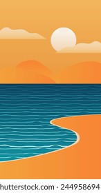 Paisaje de verano, puesta del sol, playa de arena. Postal con vista al mar, soleado. Vacaciones de verano, viajes de vacaciones. Ilustración vectorial, cartel. Imprimir, Diseño web
