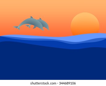 Summer landscape with a sunset with two jumping dolphins above the sea surface with waves with orange sun and orange sky