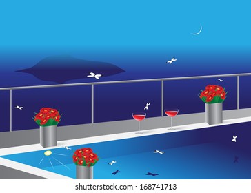 Summer. Landscape, swimming pool overlooking the sea, butterflies and vases with red flowers, two glasses of red wine