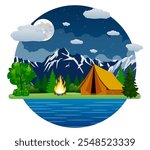 Summer landscape tent and bonfire in mountains near lake. Solitude in nature by the river. Weekend in the tent. Hiking and camping. vector illustration in flat design. night camp.