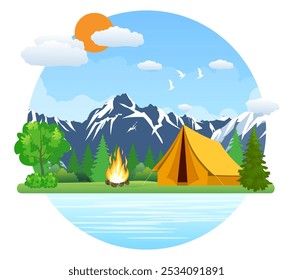 Tenda de paisagem de verão e fogueira em montanhas perto do lago. Solidão na natureza perto do rio. Fim de semana na tenda. Caminhadas e acampamento. ilustração vetorial em design plano