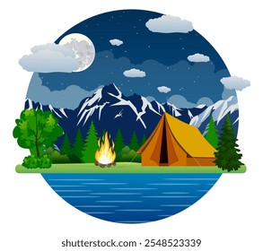 Tenda de paisagem de verão e fogueira em montanhas perto do lago. Solidão na natureza perto do rio. Fim de semana na tenda. Caminhadas e acampamento. ilustração vetorial em design plano. acampamento noturno.