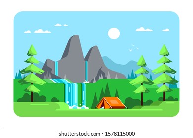 Summer landscape with tent, trees, mountains and waterfall. Camping area. Outdoor activity, wilderness, summer camp, trekking, hiking concept. Flat style banner design.