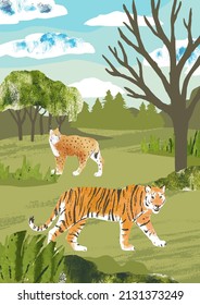 Summer landscape with tiger and lynx. Big cats. Hand draw vector Illustration with animals, forest, grass, bushes and clouds. Collage with watercolor texture