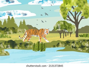 Sommerlandschaft mit Tigern geht in der Nähe des Flusses. Große Katze. Hand-Zeichnen-Vektorgrafik mit Tieren, Wäldern, Vögeln, Gras, Sträuchern und Wolken