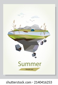 Summer landscape with tourist tent, boat and cane on the river bank on the mountains backdrop. Recreation and tourism in nature concept. Vector illustration of an island in geometric low poly style.